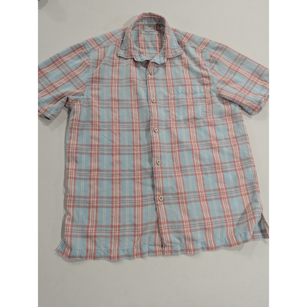 Tommy Bahama Men’s Blue & Pink Plaid Short Sleeve Button Up Shirt Size Medium